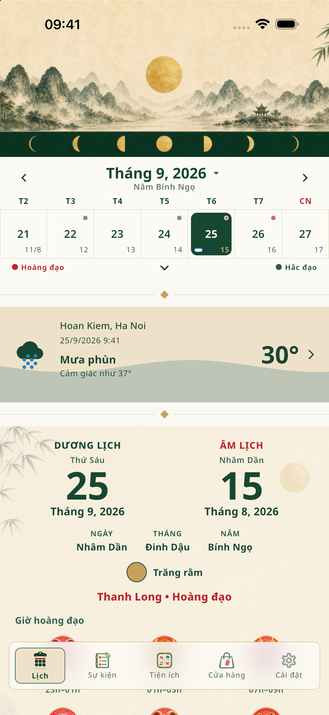 Màn hình lịch âm dương và chi tiết ngày trong ứng dụng